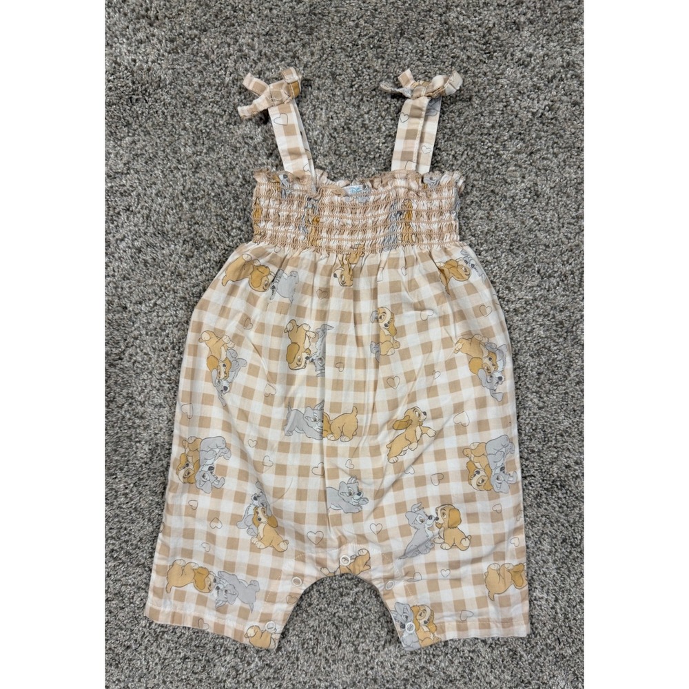 Disney Baby Romper Kids 3-6M Tan Lady and the Tramp Gingham Smocked Tie Shoulder